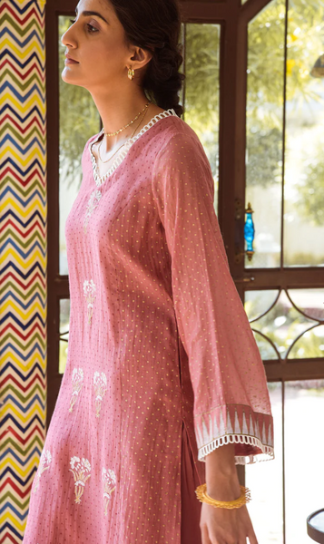 Saanjh Pink Blockprinted Straight Kurta With Salwar And Printed Dupatta- Set Of 3