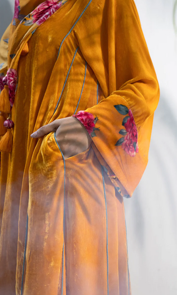 Bareen Silk Velvet Mustard Choga With Floral Velvet Palazzo - Set Of 2
