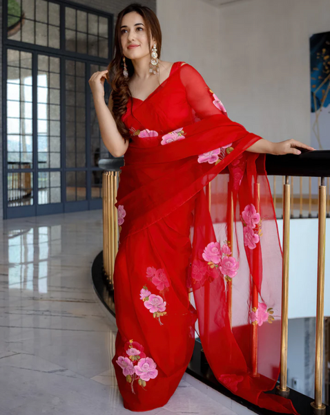 RED OLD LOVE EMBELLISHED HANDPAINTED ORGANZA SILK SAREE