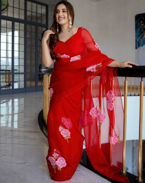 RED OLD LOVE EMBELLISHED HANDPAINTED ORGANZA SILK SAREE