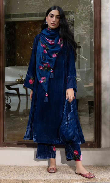 Bareen Silk Velvet Blue Choga With Floral Velvet Palazzo - Set Of 2