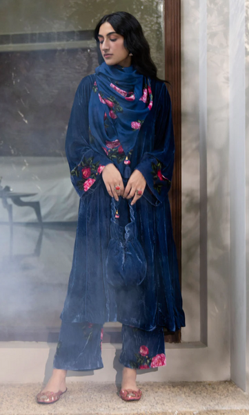 Bareen Silk Velvet Blue Choga With Floral Velvet Palazzo And Silk Scarf - Set Of 3