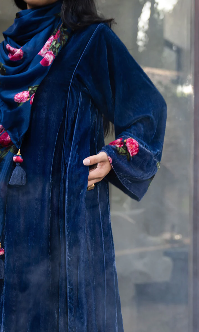 Bareen Silk Velvet Blue Choga With Floral Velvet Palazzo - Set Of 2