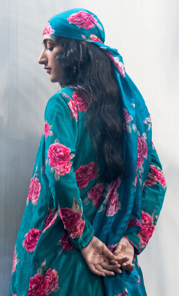 Bareen Silk Velvet Floral Teal Jacket With Angrakha And Palazzo - Set Of 3