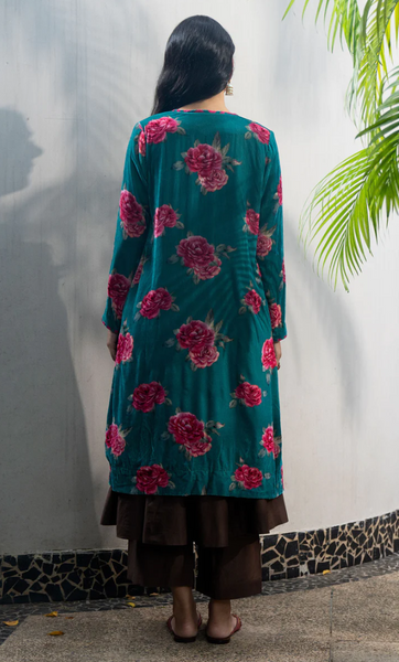 Bareen Silk Velvet Floral Teal Jacket With Angrakha And Palazzo - Set Of 3