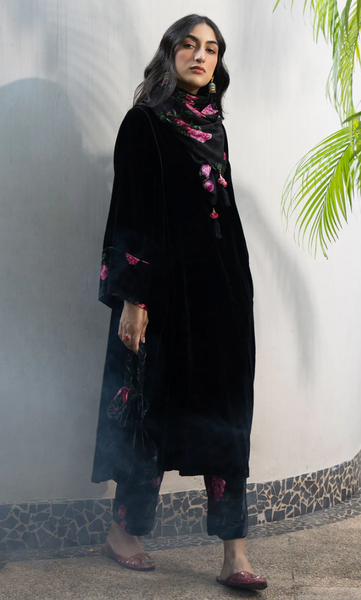 Bareen Silk Velvet Black Choga With Floral Velvet Palazzo And Silk Scarf - Set Of 3