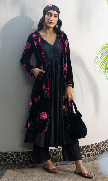 Bareen Silk Velvet Floral Black Jacket With Angrakha And Palazzo - Set Of 3