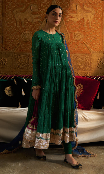 Phillauri Emerald Green Tiered Anarkali With Chooridar And Dupatta - Set Of 3