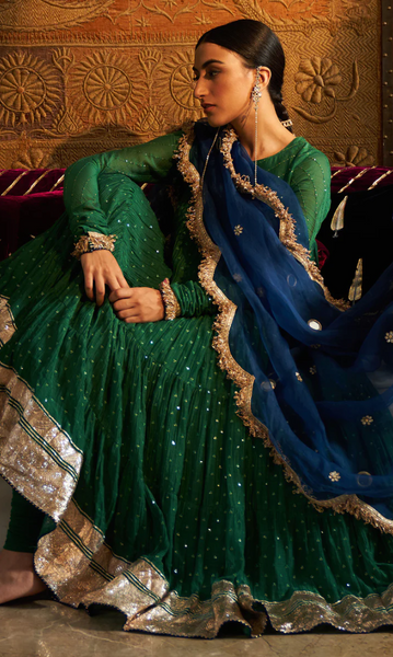 Phillauri Emerald Green Tiered Anarkali With Chooridar And Dupatta - Set Of 3