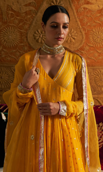 Phillauri Mustard Yellow Angrakha Style Anarkali With Sharara And Dupatta - Set Of 3