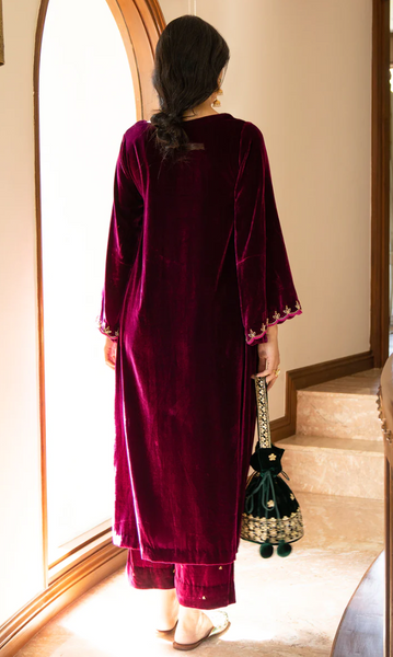 Bareen Embroidered - Deep Orchid Front Yoke Velvet Kurta And Palazzo - Set Of 2