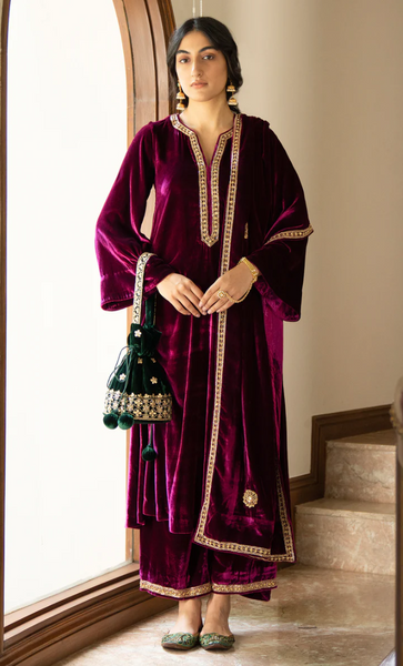 Bareen Embroidered - Deep Orchid Peacock Side Pockets Velvet Kurta With Palazzo And Shawl - Set Of 3