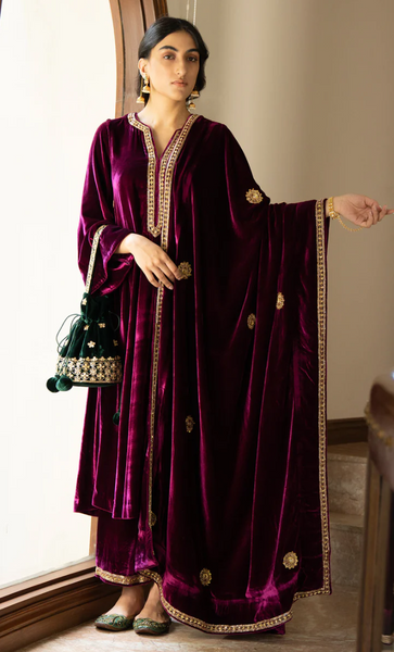 Bareen Embroidered - Deep Orchid Peacock Side Pockets Velvet Kurta With Palazzo And Shawl - Set Of 3