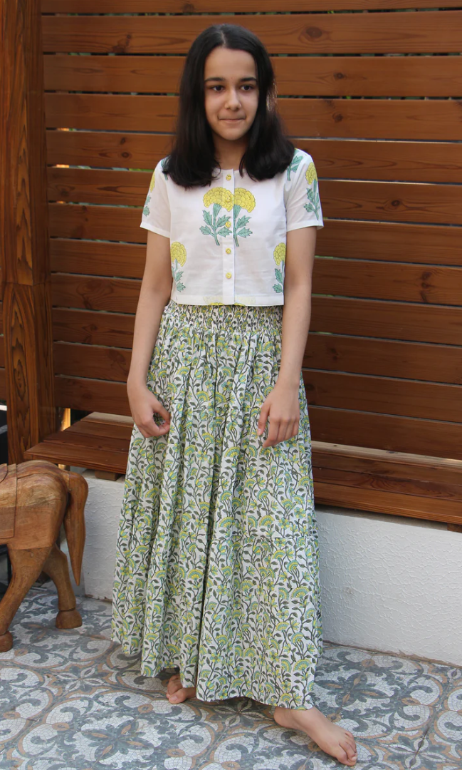 Chhoti Drzya Yellow Block Printed Top And Skirt- Set Of 2