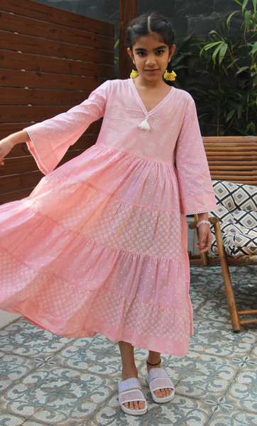 Chhoti Drzya Pink Block Printed Tiered Dress