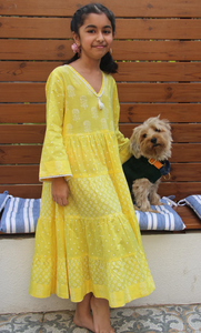 Chhoti Drzya Yellow Block Printed Tiered Dress
