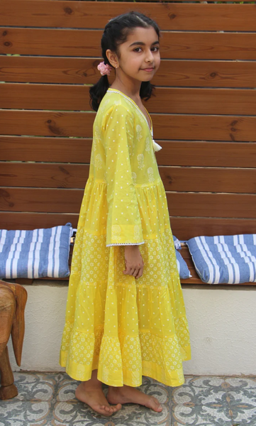 Chhoti Drzya Yellow Block Printed Tiered Dress