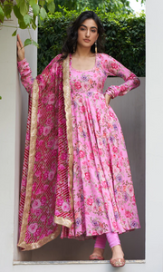 Farzeen - Pink Floral Embroidered Anarkali With Chooridar And Leheriya Floral Dupatta - Set Of 3