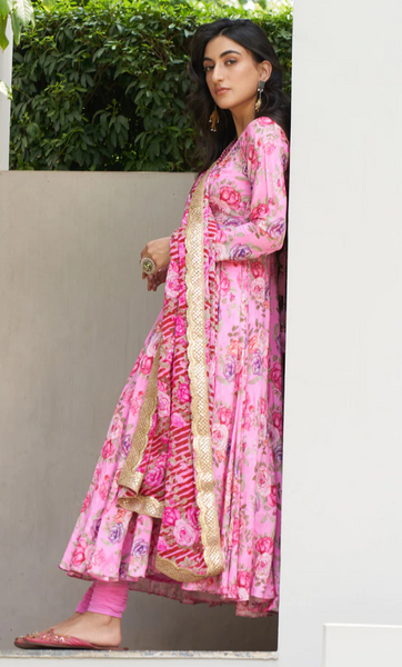 Farzeen - Pink Floral Embroidered Anarkali With Chooridar And Leheriya Floral Dupatta - Set Of 3