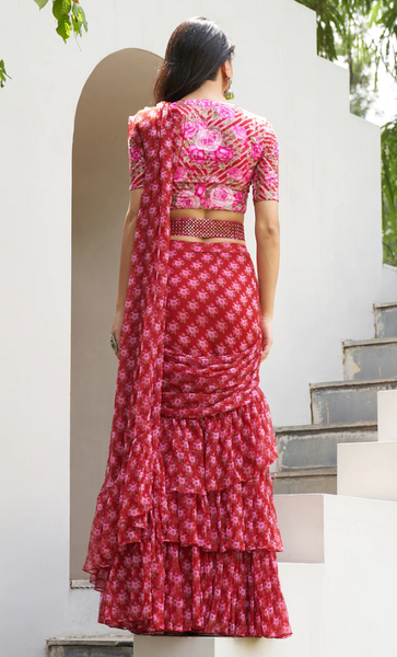 Farzeen - Red Leheriya-Floral And Pre-Draped Saree With Belt