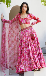 Farzeen - Red Leheriya-Floral Embroidered Tiered Lehenga With Blouse And Dupatta