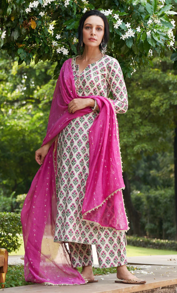 Kainaat - Rani Pink Block Printed Straight Suit Set - Set Of 3