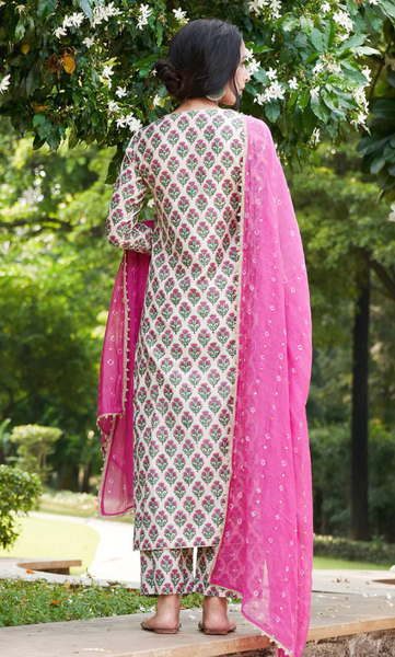 Kainaat - Rani Pink Block Printed Straight Suit Set - Set Of 3