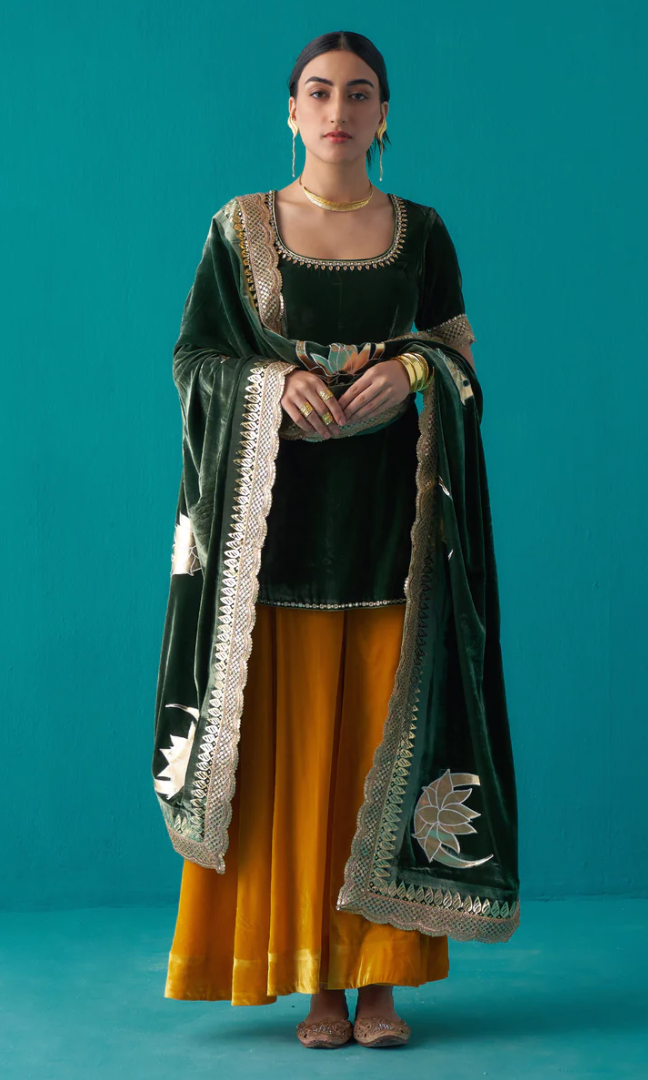 Khizaan Foils Olive Green Sharara Set With Foil Chaand Shawl - Set Of 3