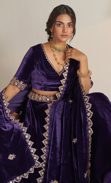 Khizaan Embroidered Purple Velvet Lehenga Set With Scalloped Shawl Set Of 3