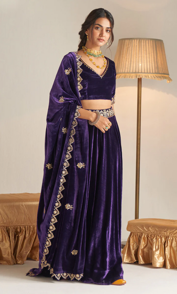 Khizaan Embroidered Purple Velvet Lehenga Set With Scalloped Shawl Set Of 3