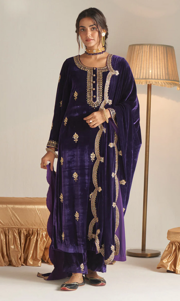Khizaan Embroidered Purple Straight Kurta Set With Scalloped Shawl - Set Of 3