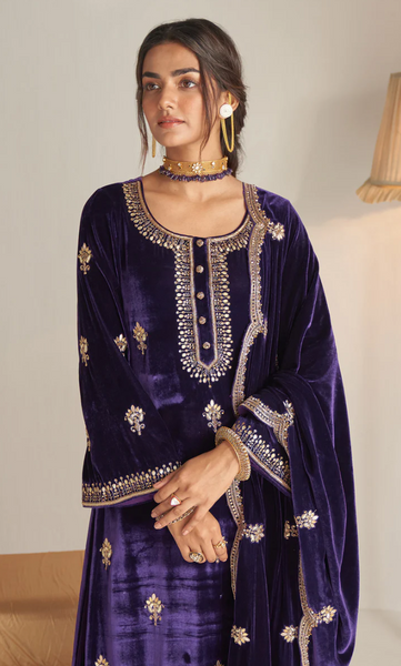 Khizaan Embroidered Purple Straight Kurta Set With Scalloped Shawl - Set Of 3
