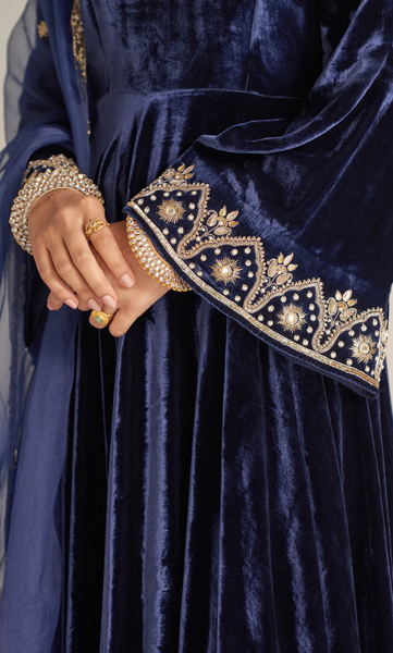 Khizaan Embroidered Midnight Blue Flared Sleeves Velvet Anarkali Set - Set Of 3