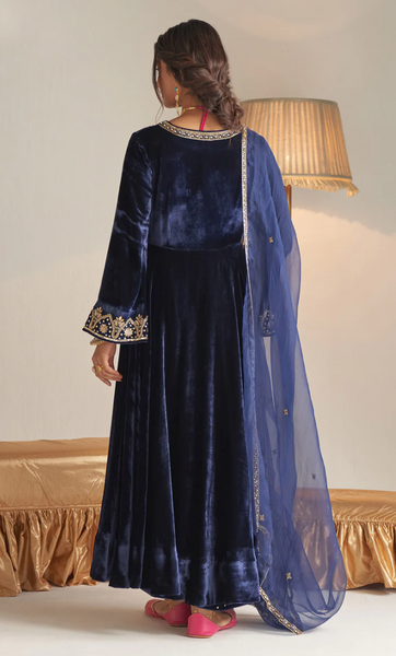 Khizaan Embroidered Midnight Blue Flared Sleeves Velvet Anarkali Set - Set Of 3