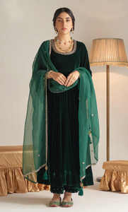 Khizaan Embroidered Emerald Green Flared Sleeves Velvet Anarkali Set - Set Of 3