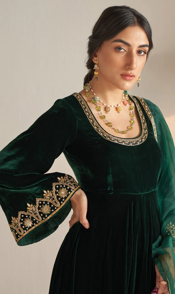 Khizaan Embroidered Emerald Green Flared Sleeves Velvet Anarkali Set - Set Of 3