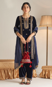 Khizaan Embroidered Midnight Blue Velvet Kurta With Salwar And Silk Dupatta - Set Of 3