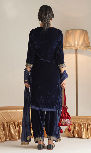 Khizaan Embroidered Midnight Blue Velvet Kurta With Salwar And Silk Dupatta - Set Of 3
