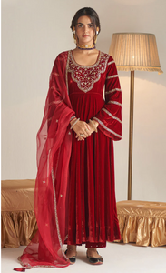 Khizaan Embroidered Red Embroidered Yoke Velvet Anarkali Set - Set Of 3