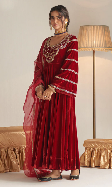Khizaan Embroidered Red Embroidered Yoke Velvet Anarkali Set - Set Of 3