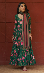 Bagh - Green Floral Printed Anarkali Set -Set Of 3