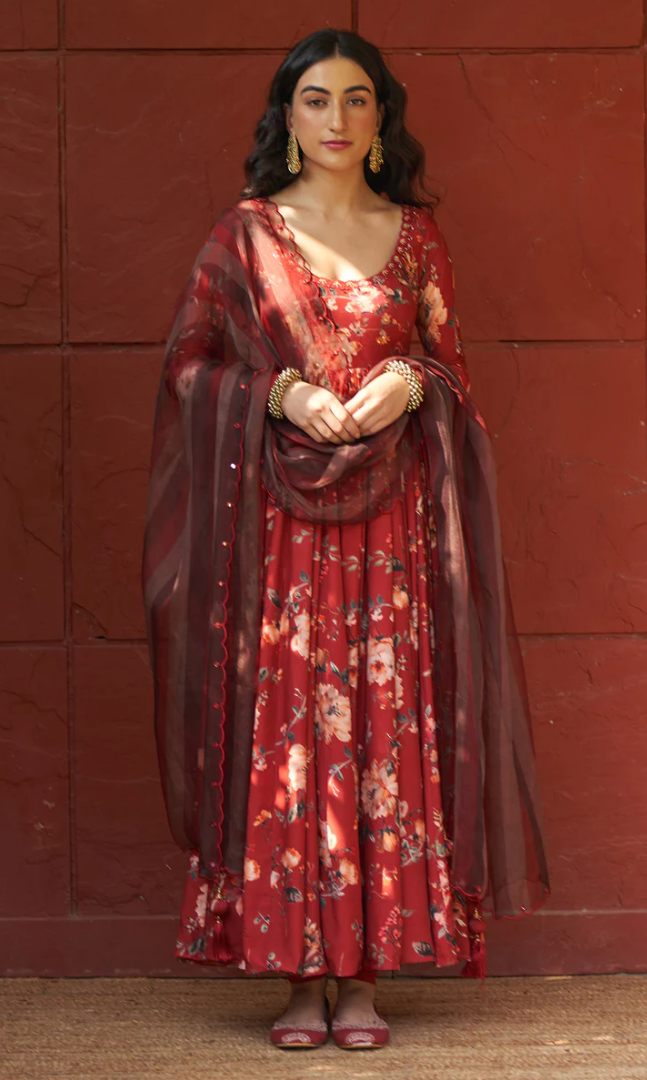Bagh - Red Floral Printed Anarkali Set -Set Of 3