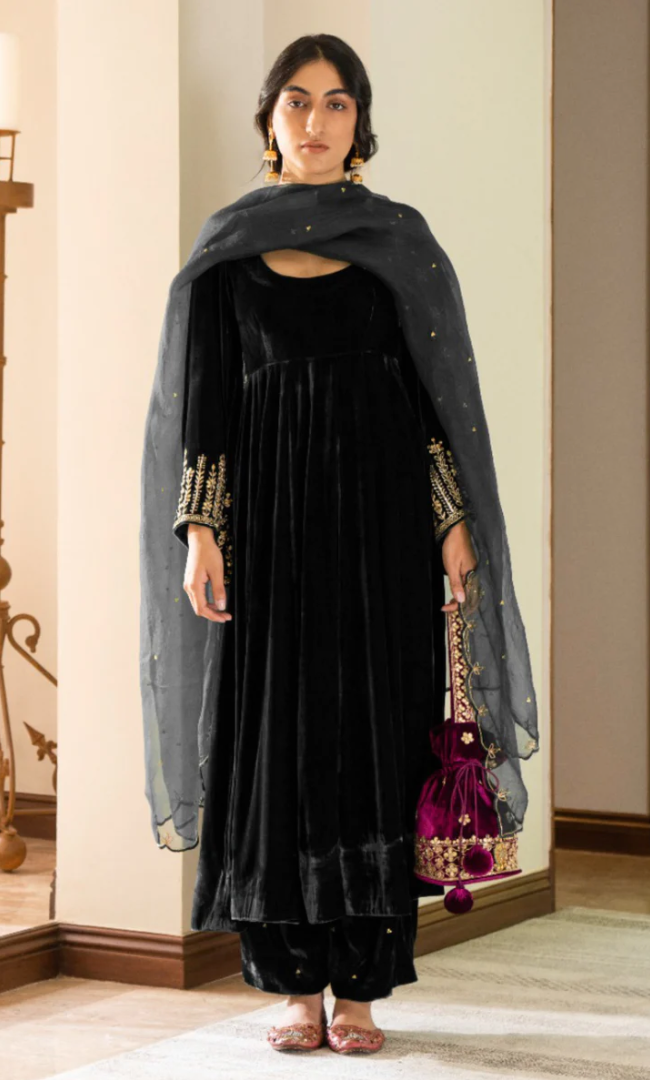 Bareen Embroidered - Black Velvet Anarkali With Palazzo And Organza Dupatta - Set Of 3