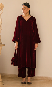 Bareen Foils- Red Silk Velvet Straight Kurta With Flared Sleeves , Palazzo - Set Of 2