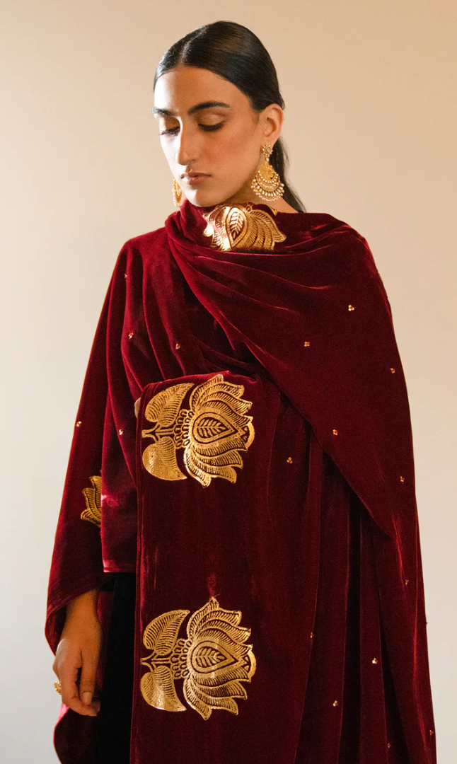 Bareen Foils - Red Lotus Shawl With Sequins