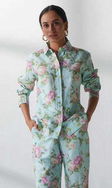 Layla - Blue Floral Shirt With Pants - Set Of 2