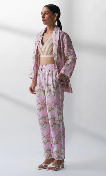 Layla - Pink Floral Blazer With Bustier And Trouser- Set Of 3