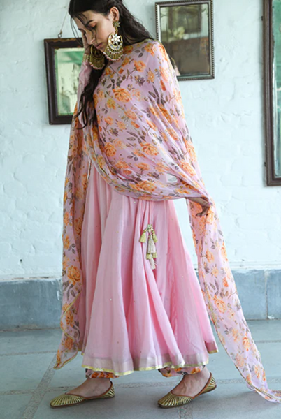 Bhanvara Pink Anarkali With Printed Palazzo And Dupatta- Set Of 3