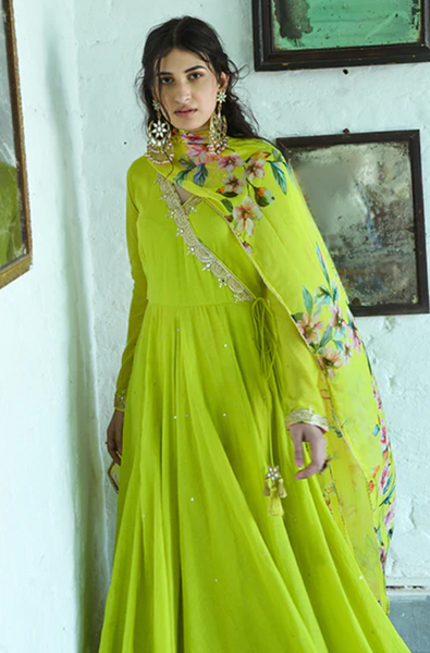Bhanvara Neon Green Anarkali With Printed Palazzo And Dupatta- Set Of 3
