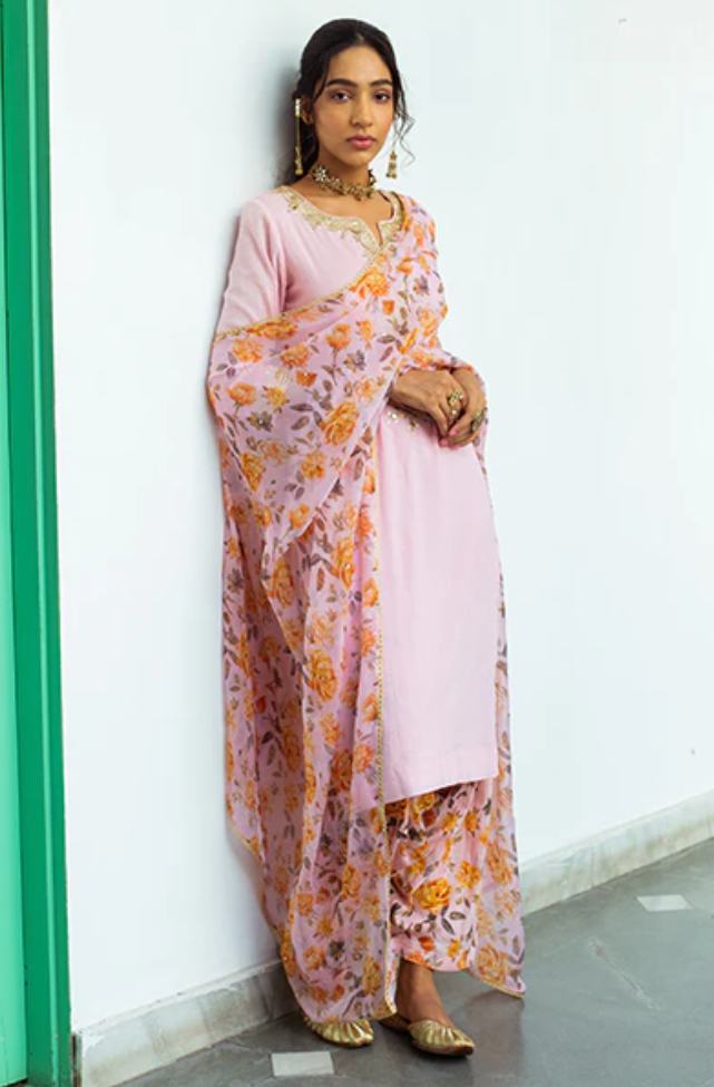 Bhanvara Peachy Pink Kurta With Printed Salwar And Dupatta - Set Of 3
